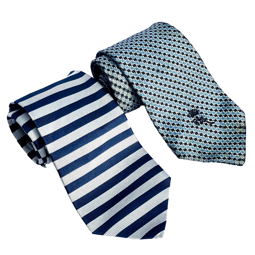 2 Ties Countess Mara Hathaway Blue Repp Weave Stripe Jacquard Silk Preppy Wide